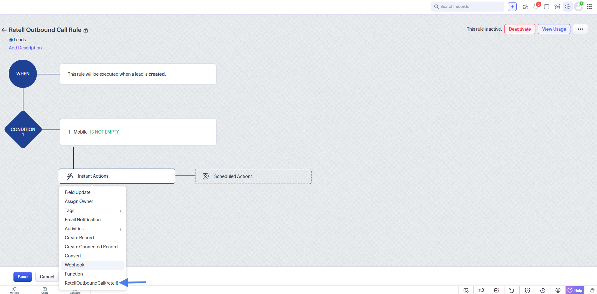 Zoho CRM workflow rule builder showing a When condition for lead created, a Mobile is not empty condition, and the Instant Actions menu with RetellOutboundCall(retell) selected