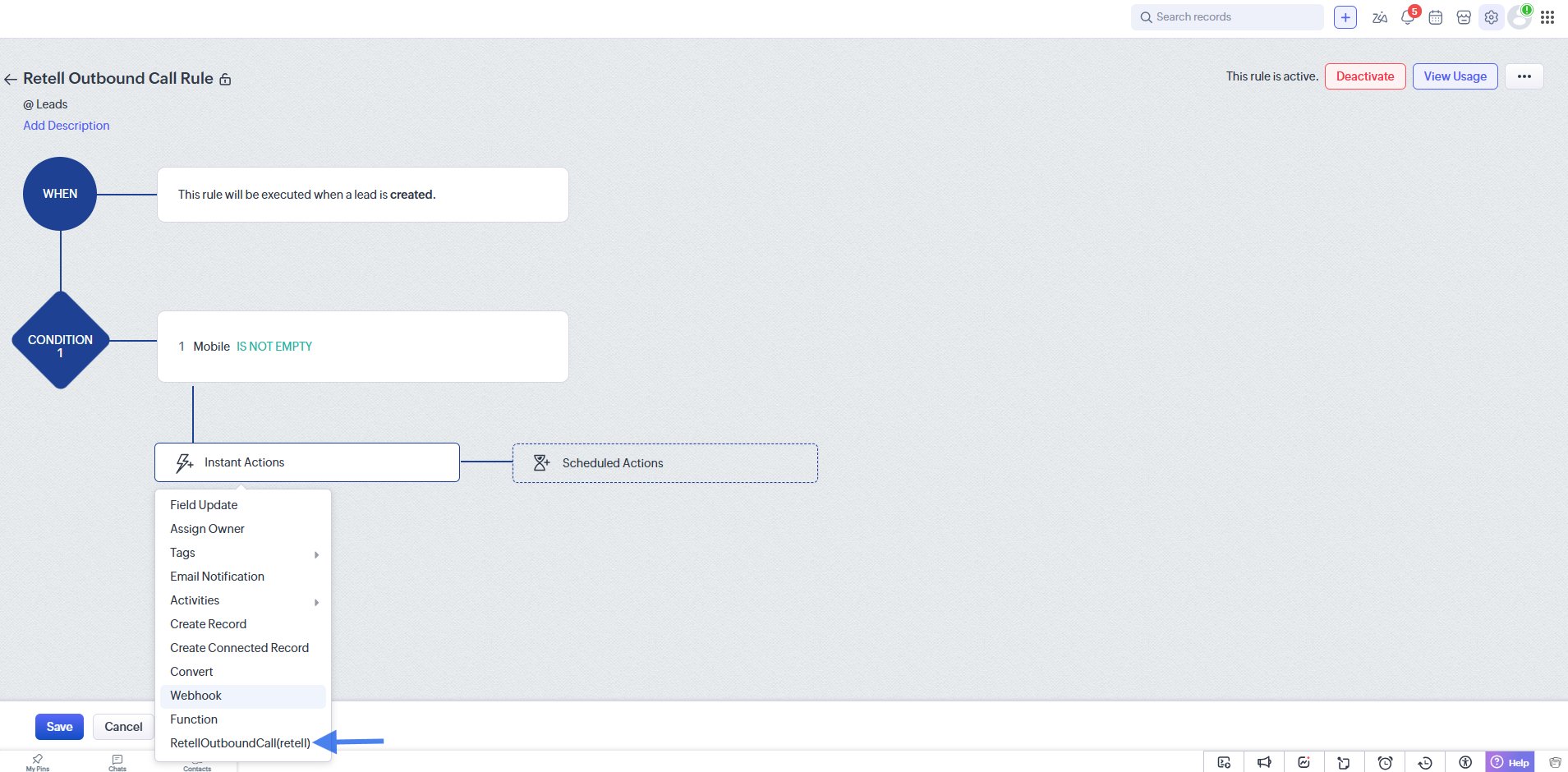 Zoho CRM workflow rule builder showing a When condition for lead created, a Mobile is not empty condition, and the Instant Actions menu with RetellOutboundCall(retell) selected