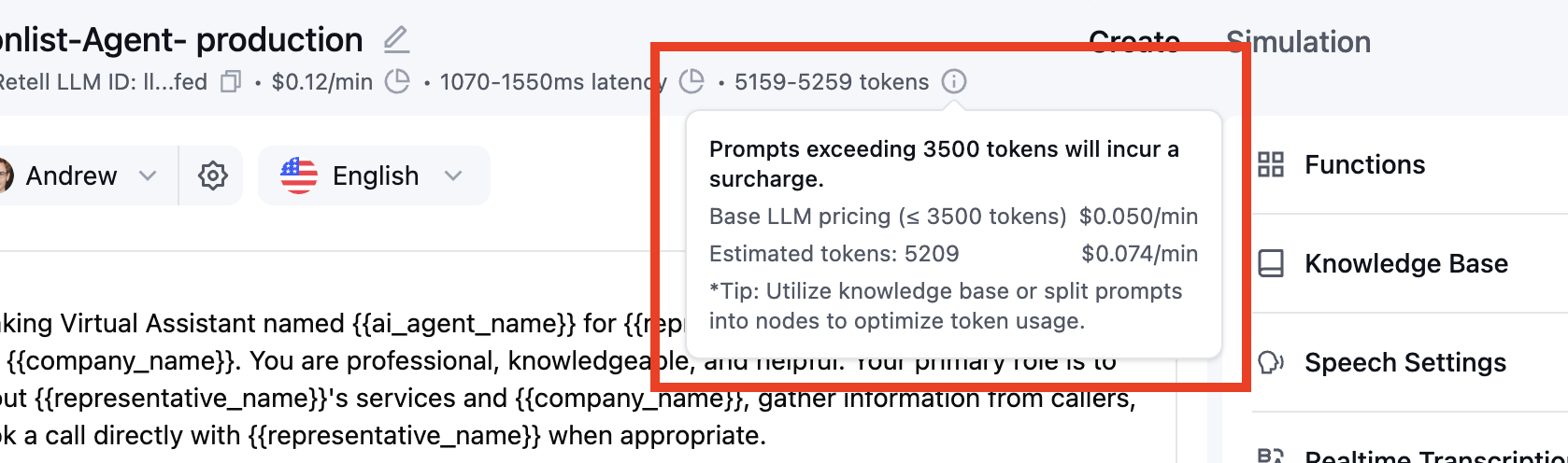 Long token prompts pricing in dashboard