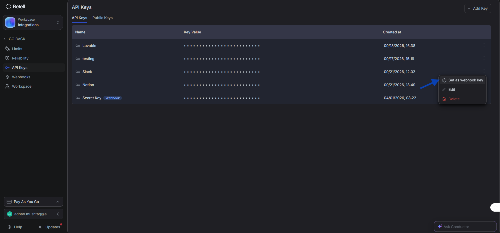 Retell API Keys page with the key options menu open and Set as webhook key highlighted