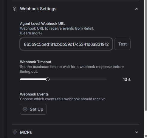 Retell agent Webhook Settings showing the Notion webhook URL and call_analyzed event