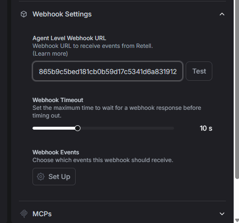 Retell agent Webhook Settings showing the Notion webhook URL and call_analyzed event