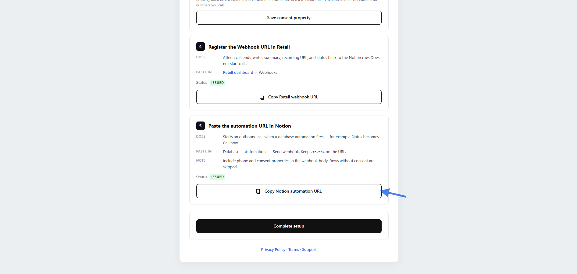 Notion setup wizard showing the Copy Notion automation URL button