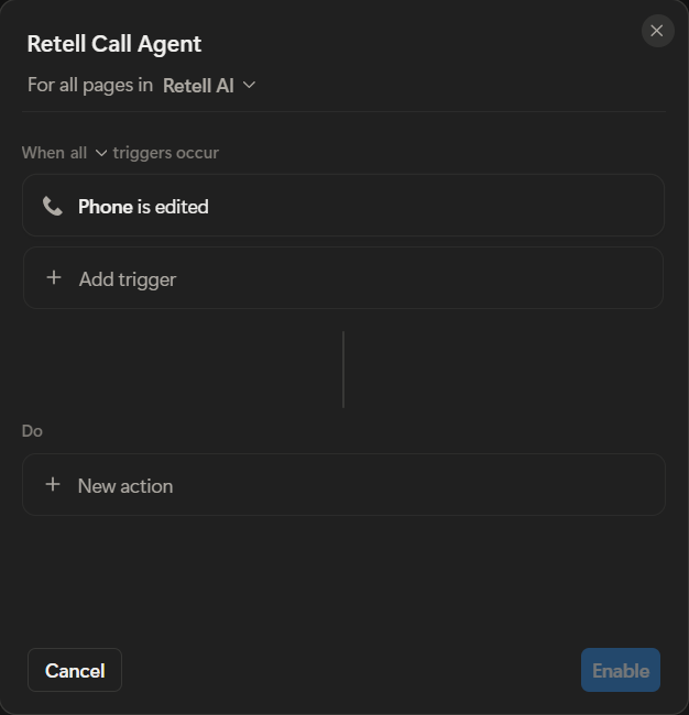 Notion database automation trigger configured for the call table