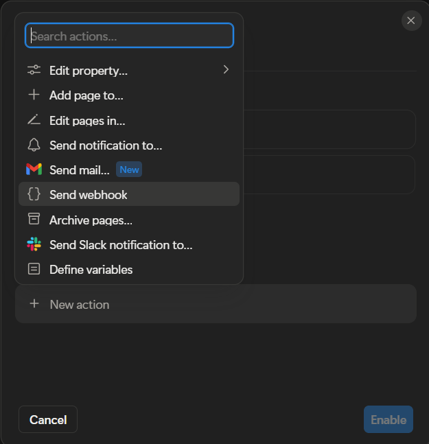 Notion automation action menu with Send webhook selected