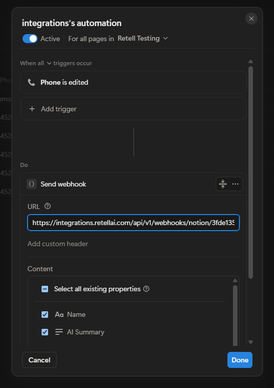Notion Send webhook action showing the automation URL and database properties