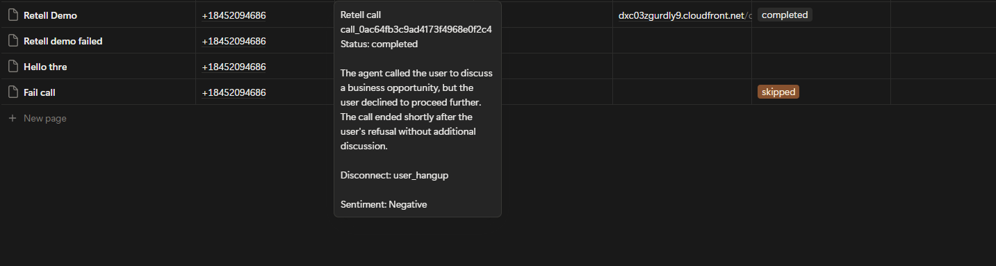 Notion database rows showing call results, summaries, and statuses written back after completed calls