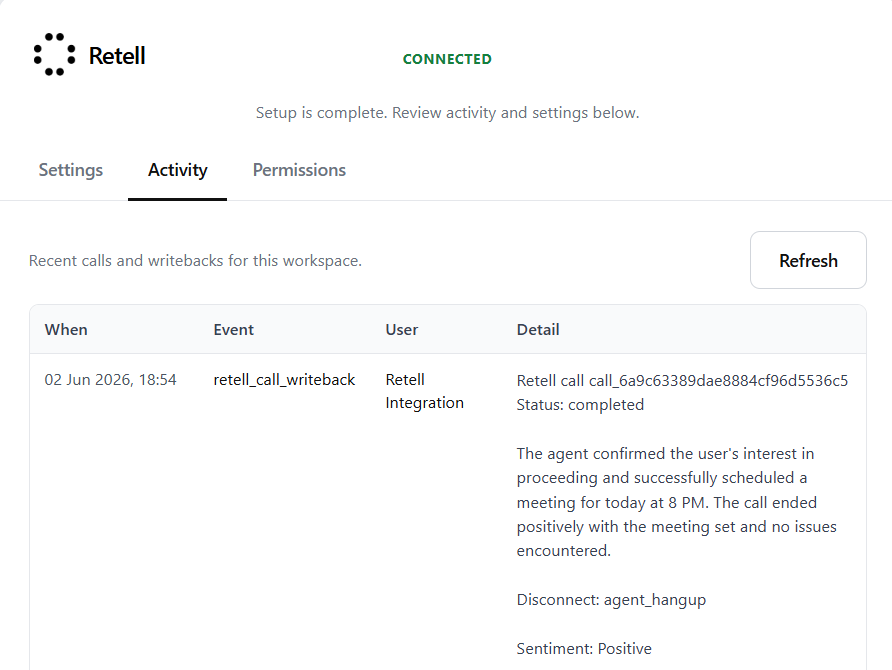 Notion integration Activity view showing a retell_call_writeback event for the test call