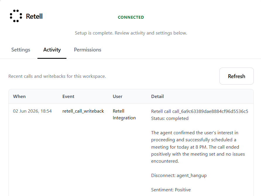 Notion integration Activity view showing a retell_call_writeback event for the test call