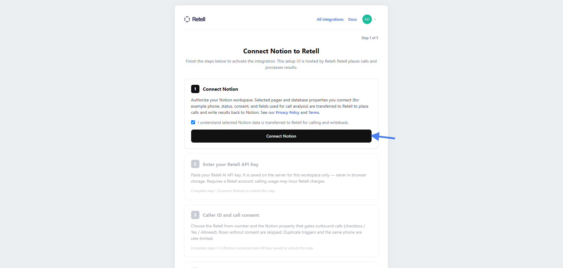Retell Notion setup wizard showing the Connect Notion button and data transfer acknowledgment