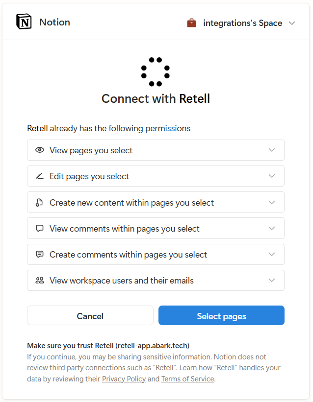 Notion permission screen showing the Select pages option