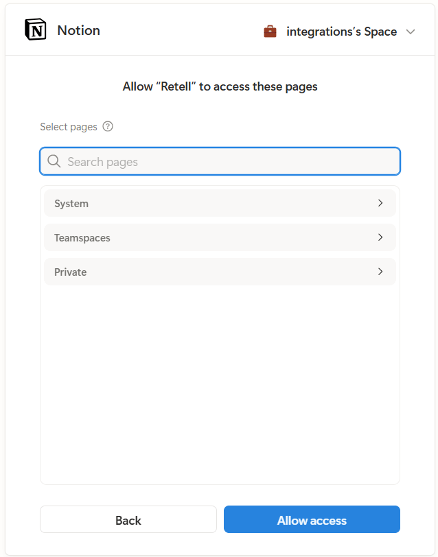 Notion page selector showing the database selected for Retell access