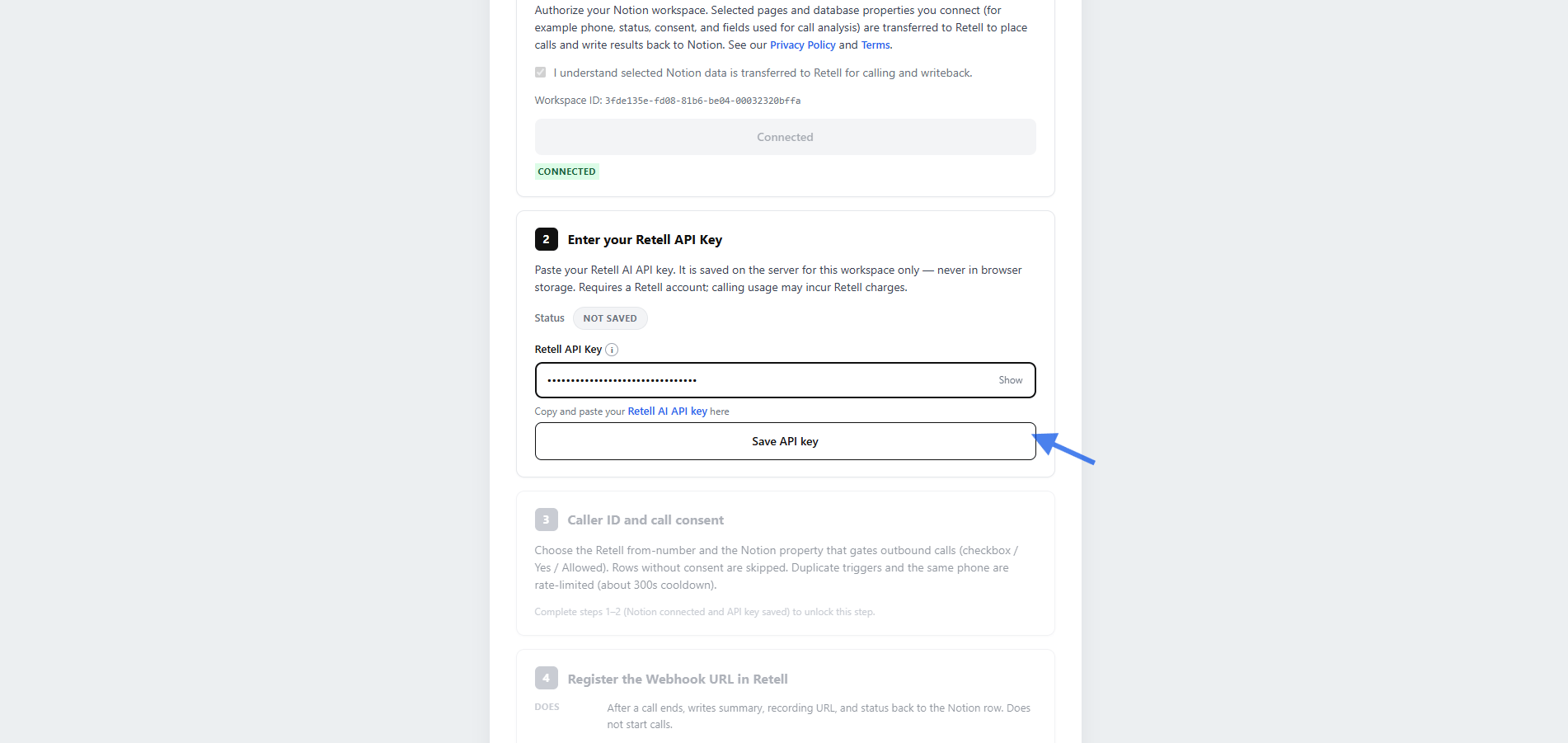 Notion setup wizard showing the Retell API Key field and Save API key button