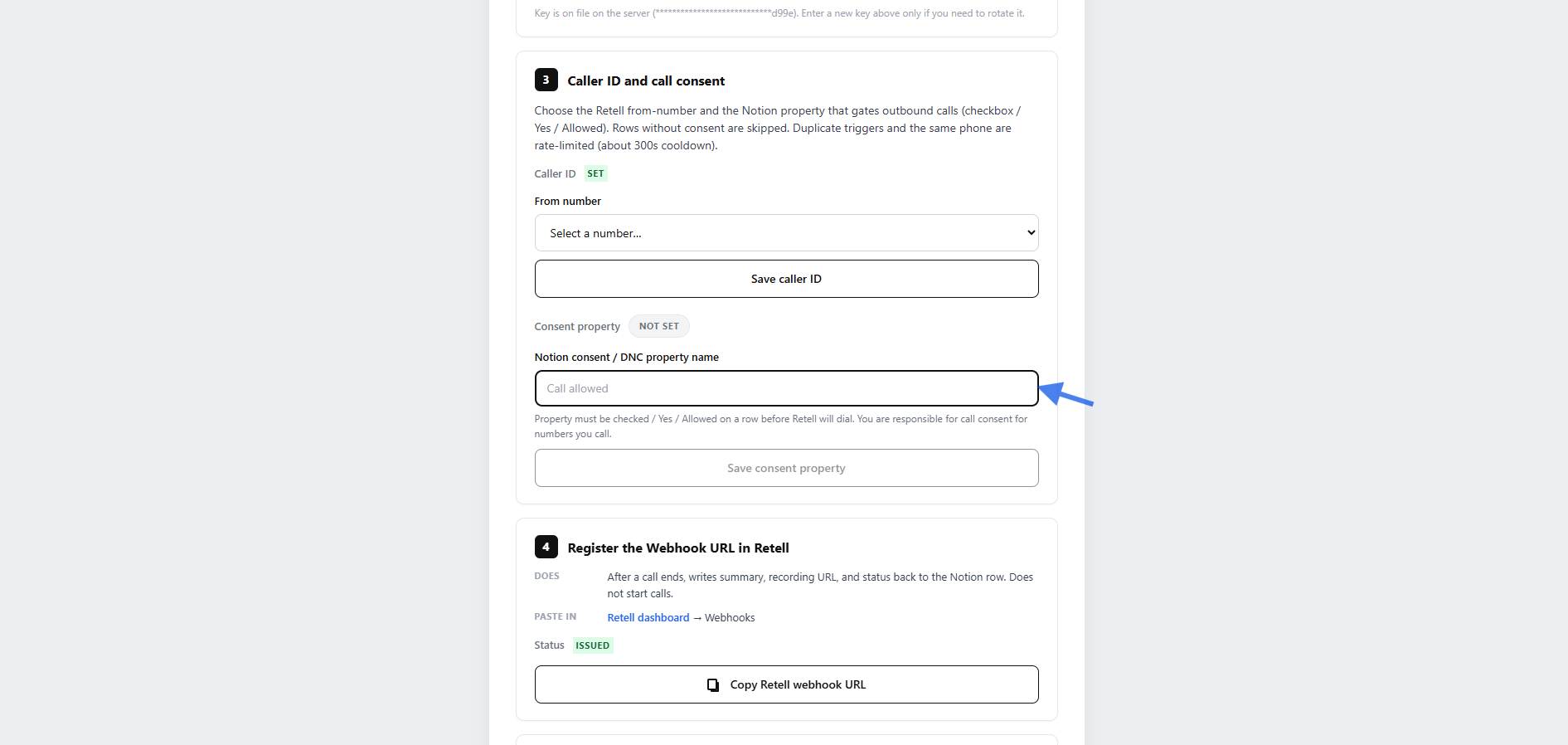 Notion setup wizard showing the consent property field for Call allowed