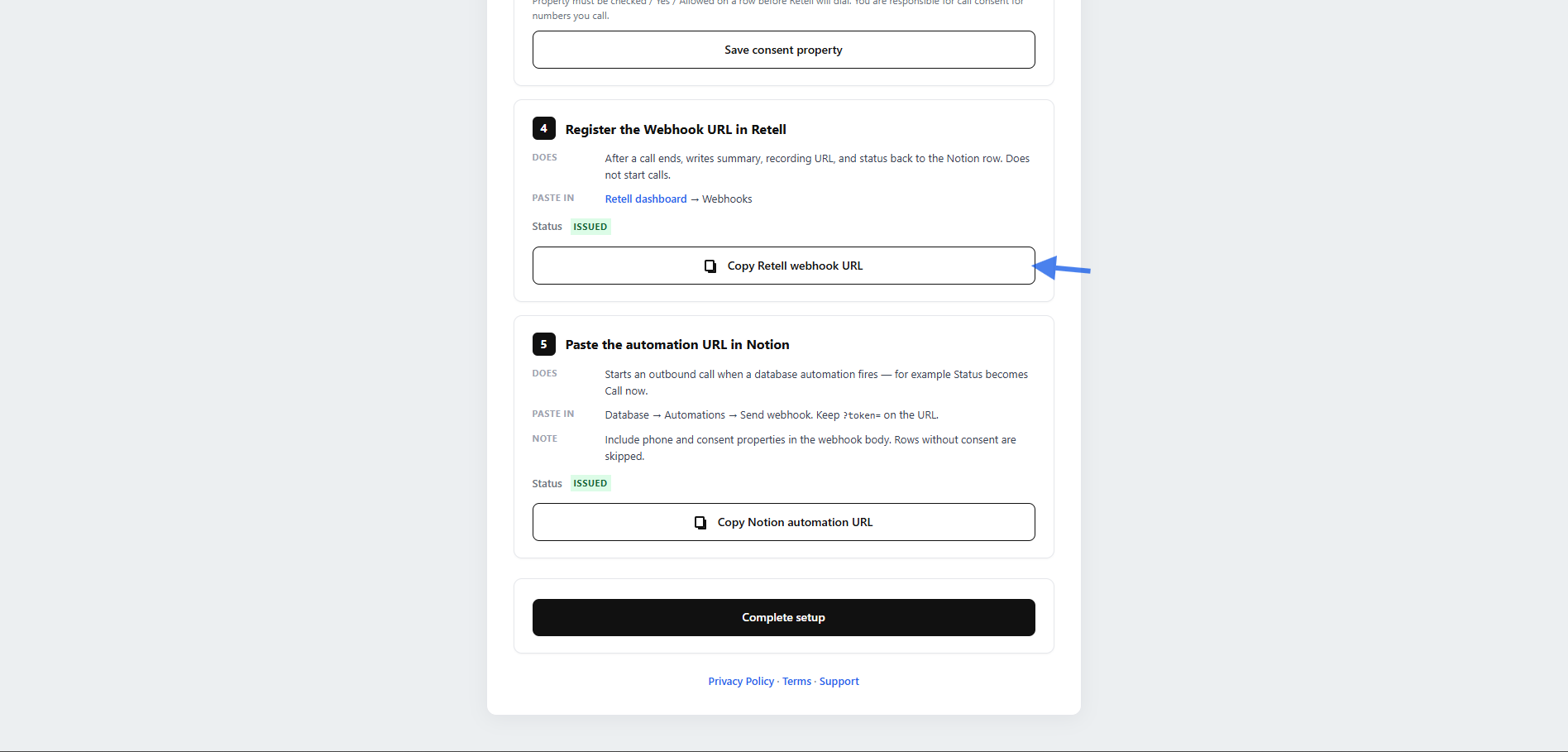 Notion setup wizard showing the Copy Retell webhook URL button