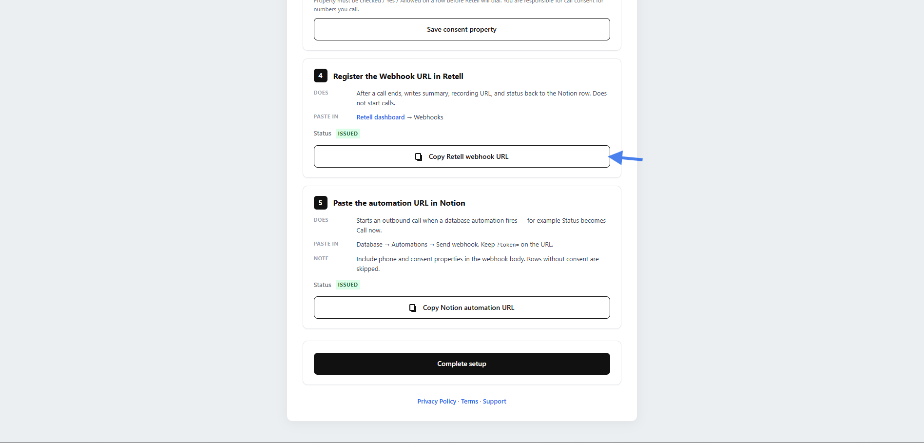 Notion setup wizard showing the Copy Retell webhook URL button