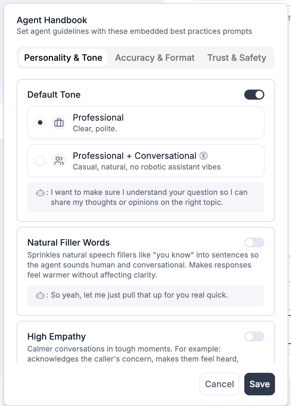 Agent Handbook panel — Personality & Tone tab with Default Tone (Professional / Professional + Conversational), Natural Filler Words, and High Empathy