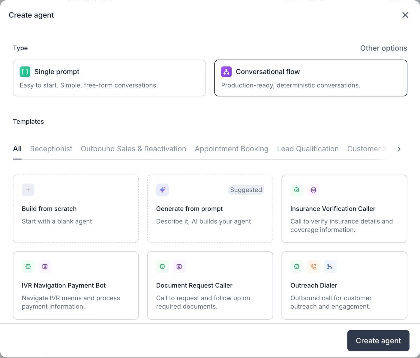 The 'Create an agent' dialog with the 'Generate from prompt' template card marked Suggested, alongside Build from scratch and other starter templates