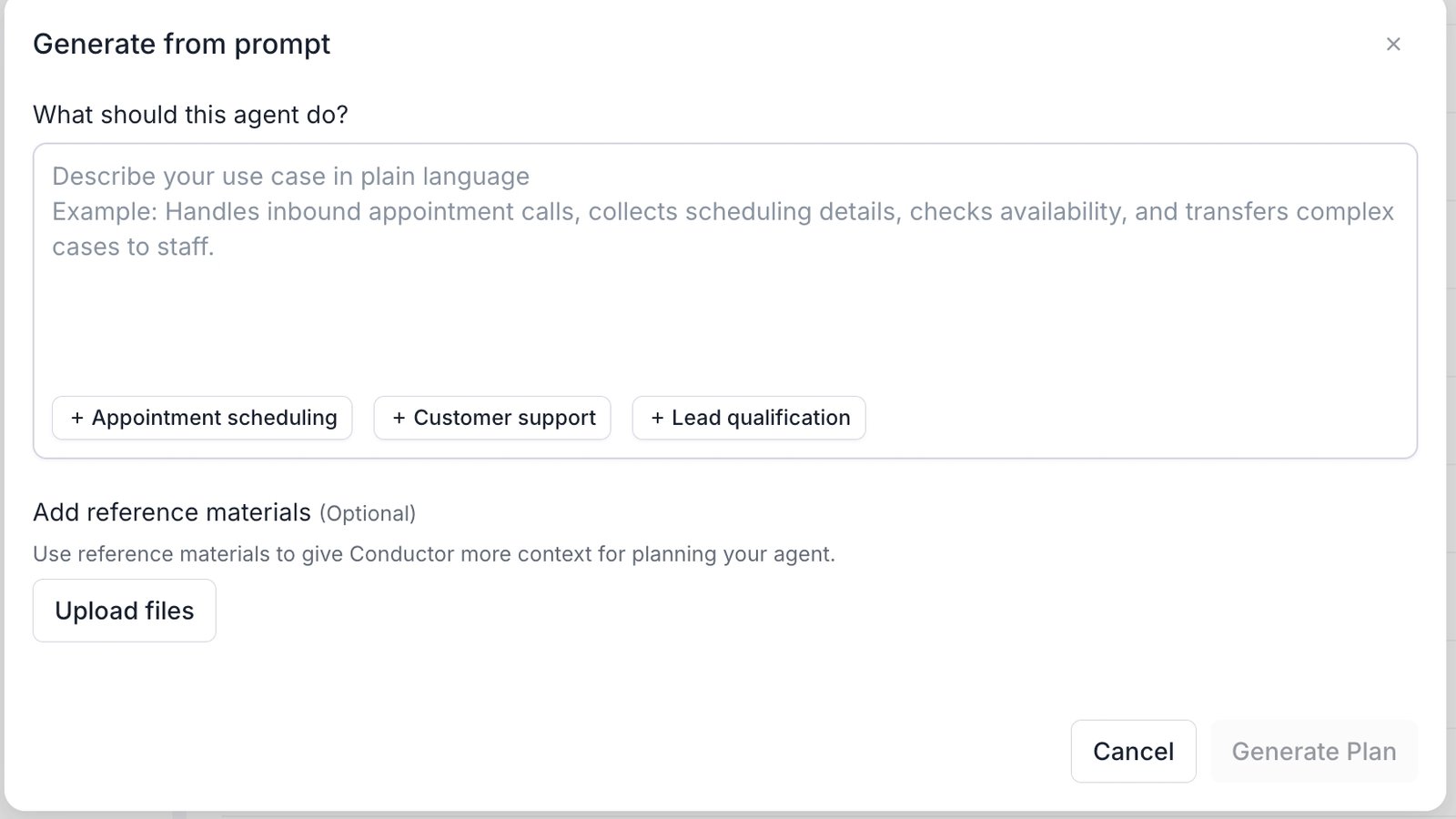 The 'Generate from prompt' modal showing a use case description field, use case chips, and a file upload button