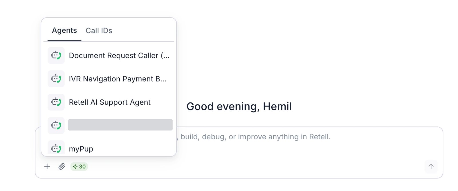 The attach picker open on the Agents tab, showing a list of agents from the workspace