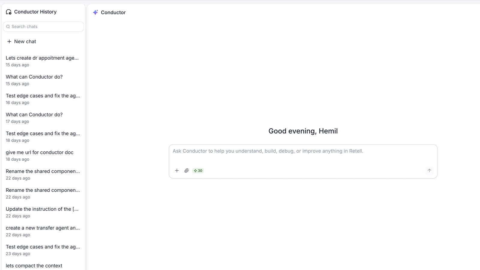 Conductor open on the Retell home page with the prompt input centered on screen