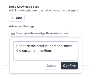 Configure Knowledge Base Instruction dialog with focus areas for retrieval