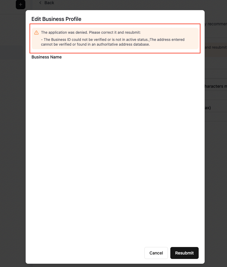 Business profile rejection