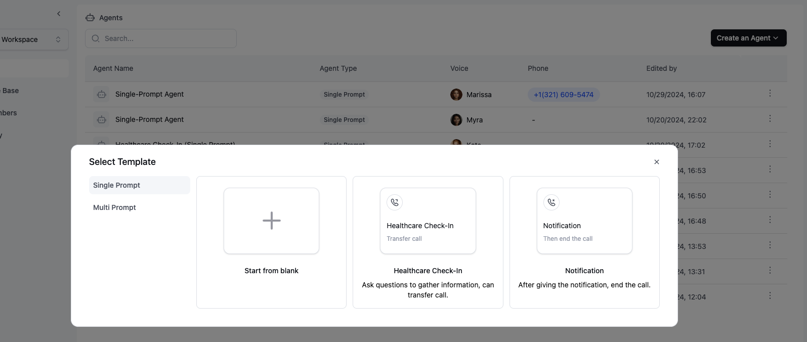 Agent template selection screen