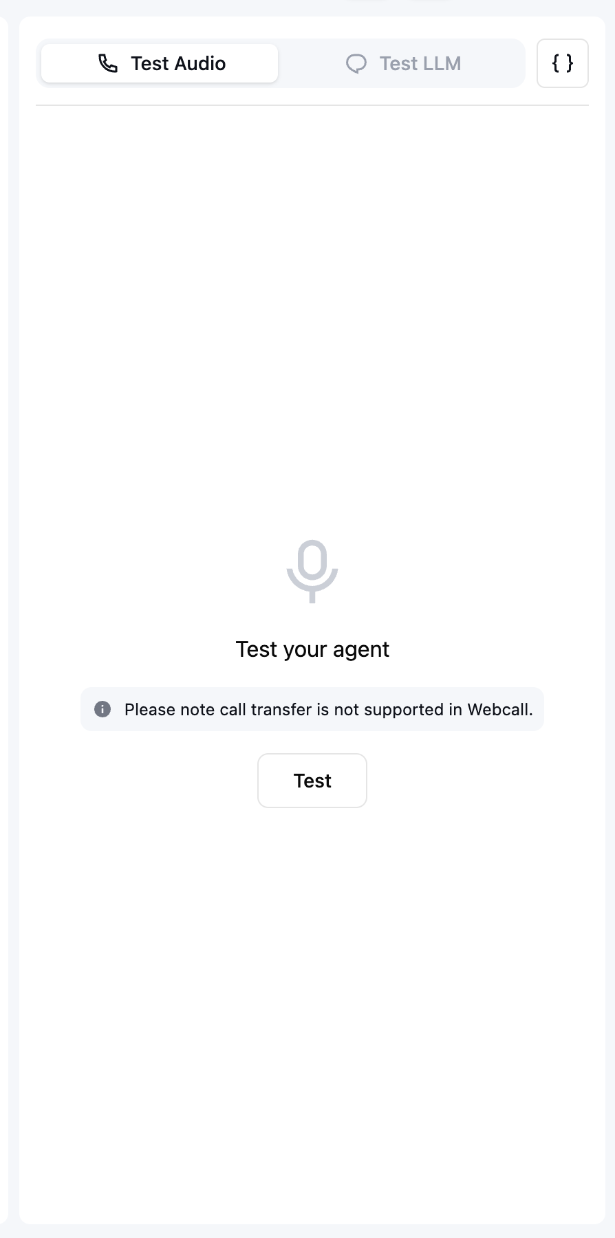 Web call testing interface for making test calls to your agent