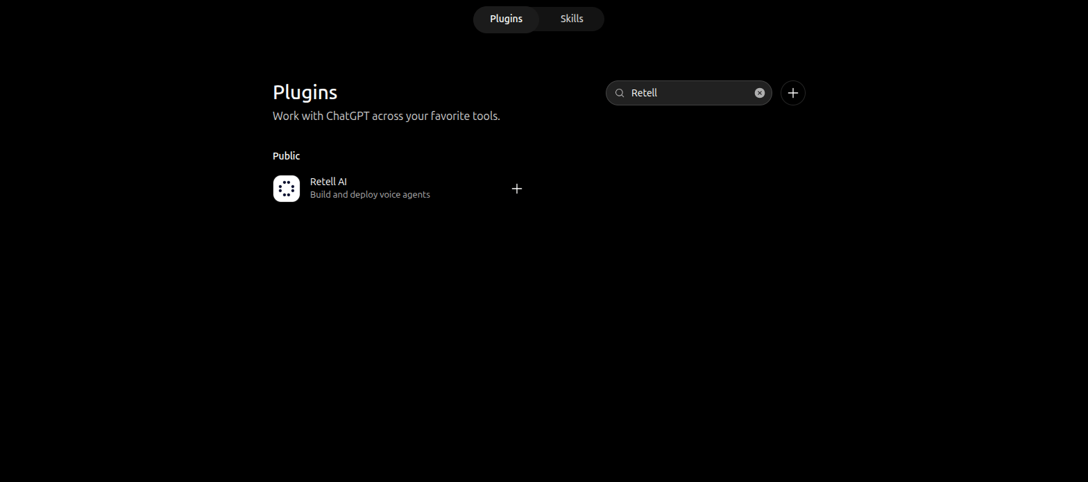 ChatGPT plugin or app directory showing the Retell AI listing