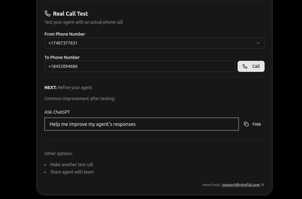 Retell Test Agent widget showing a playground chat with the agent