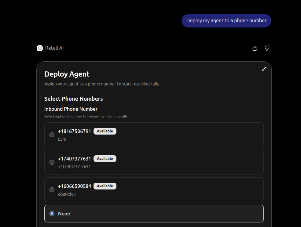 Retell deploy agent widget listing available inbound and outbound phone numbers