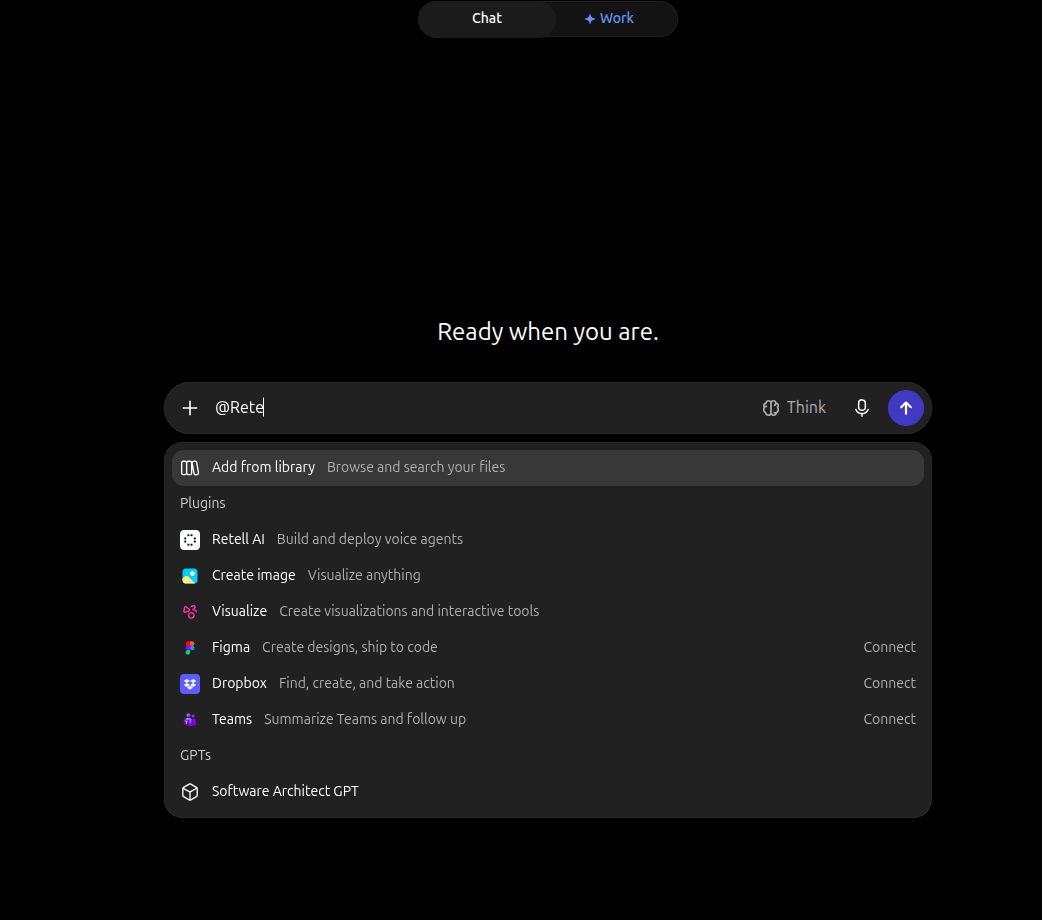 ChatGPT composer plus menu showing Retell AI under More