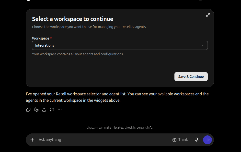 Retell workspace selector widget in ChatGPT with a workspace chosen