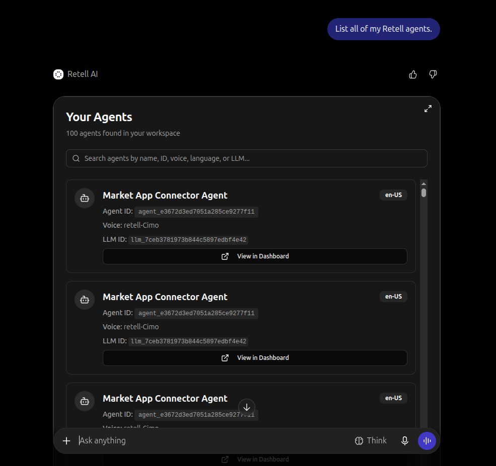Retell Your Agents widget listing agents in the selected workspace