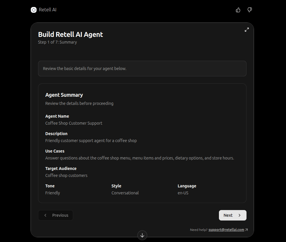 Retell agent creation widget summary step inside ChatGPT