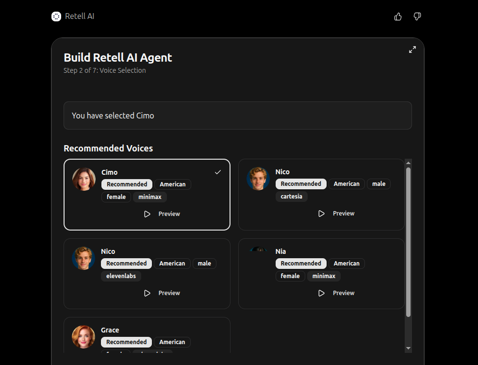 Retell voice selection step showing voice cards with audio previews