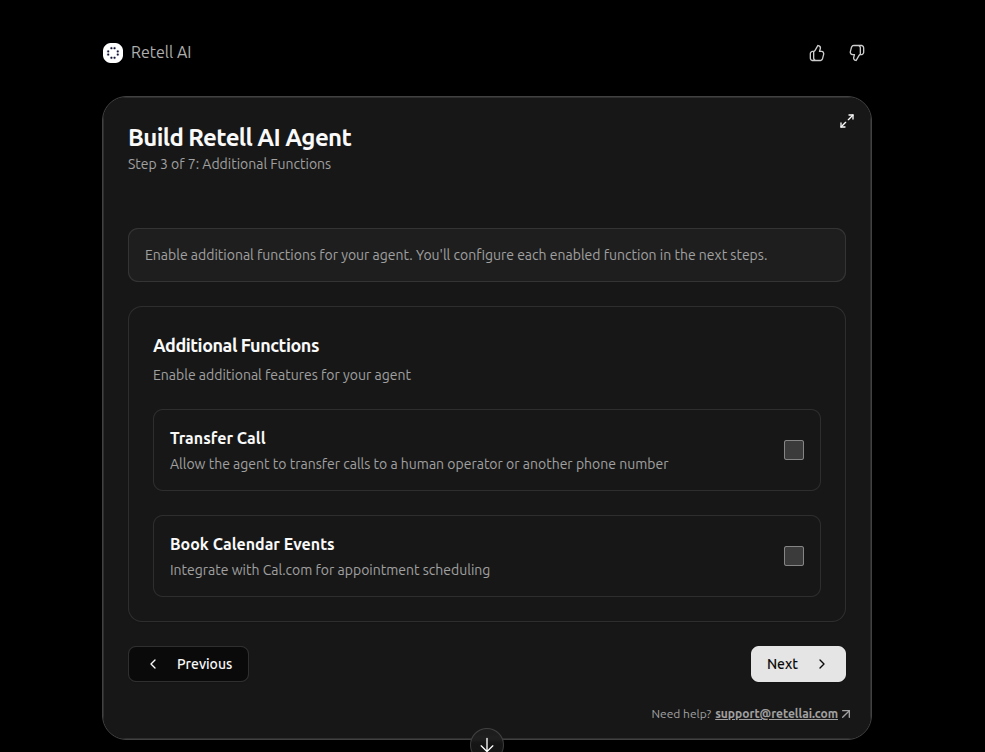 Retell additional functions step with Transfer Call and Cal.com toggles