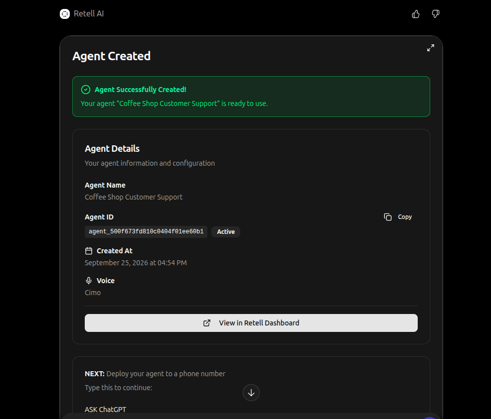 Retell agent created confirmation card with agent ID and next step