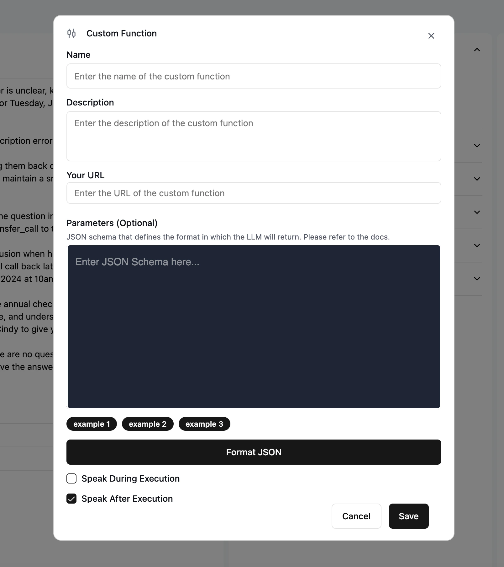 Custom function tool configuration in the dashboard with URL and parameter fields