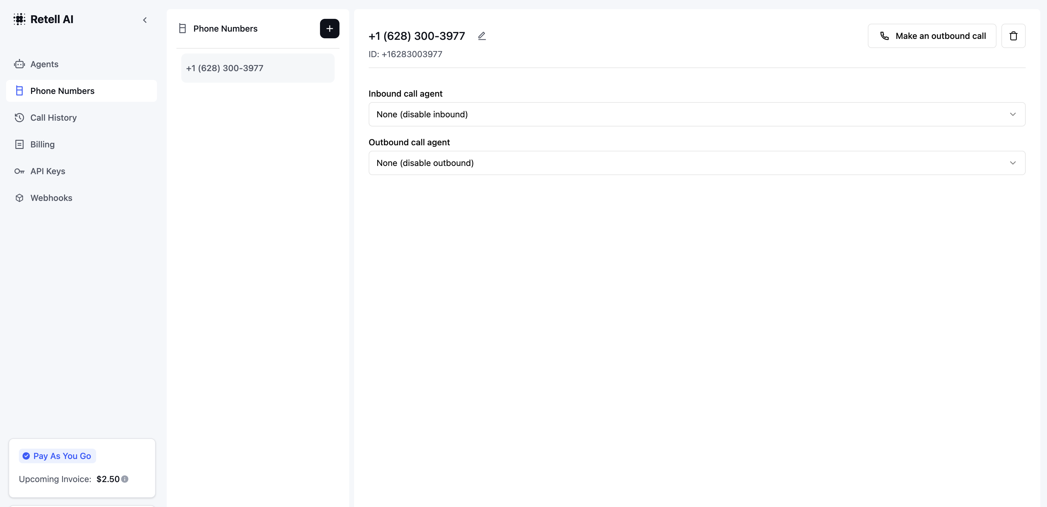 Phone numbers dashboard showing number configuration options