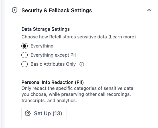 Privacy settings showing Data Storage Settings options