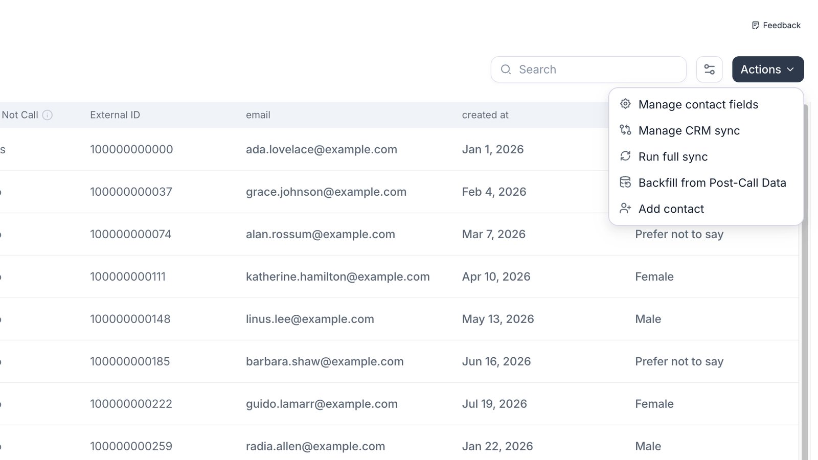 Actions menu open on the Contacts page listing Manage contact fields, Manage CRM sync, Run full sync, Backfill from Post-Call Data, and Add contact.