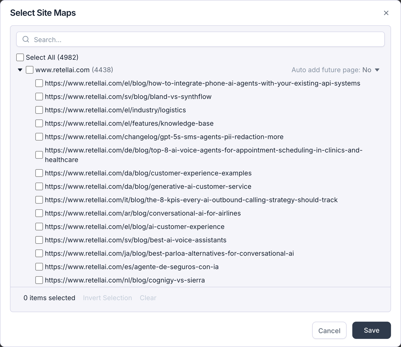 Select Site Maps dialog listing pages discovered under a URL, each with a checkbox, a Select All option, and an 'Auto add future page' toggle.