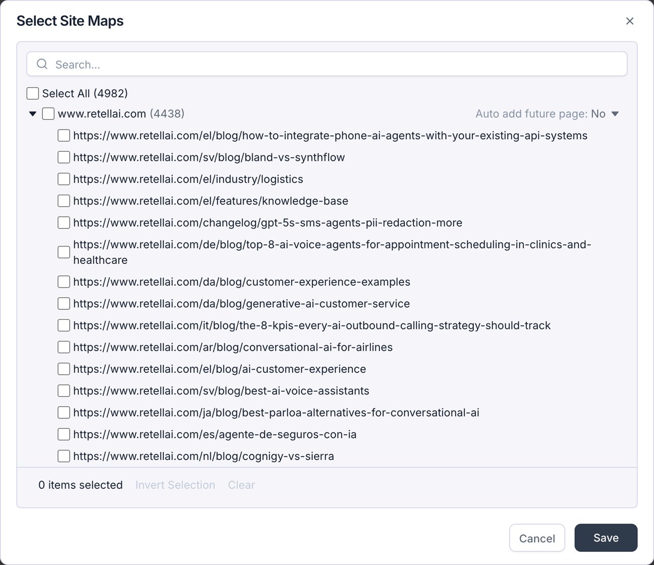 Select Site Maps dialog listing pages discovered under a URL, each with a checkbox, a Select All option, and an 'Auto add future page' toggle.