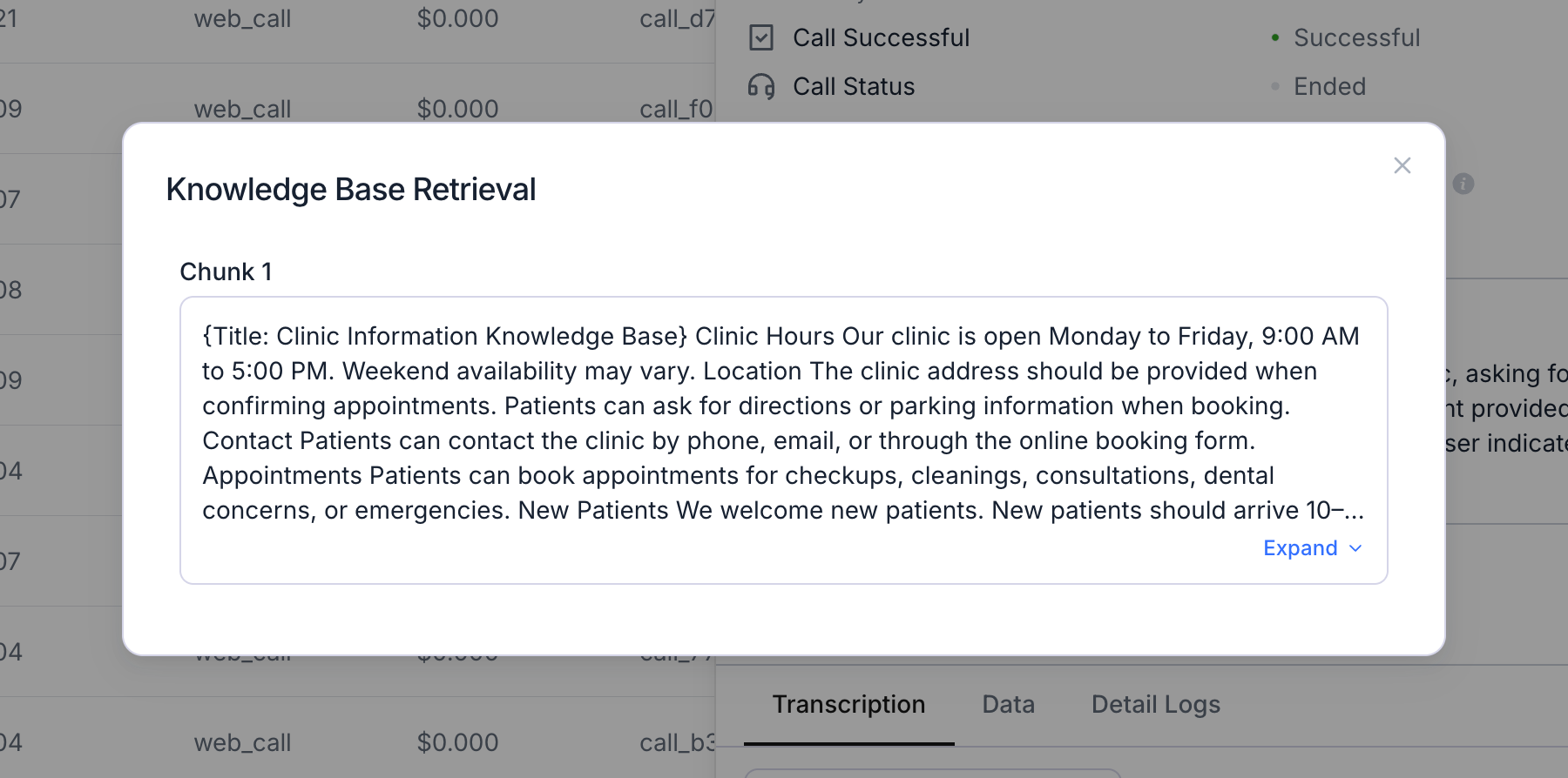 Knowledge Base Retrieval dialog titled Chunk 1, showing the retrieved knowledge base text and an Expand toggle.