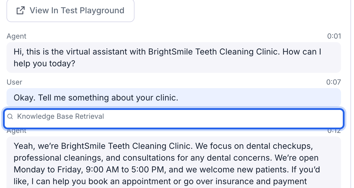 Call transcript with a Knowledge Base Retrieval link, outlined in blue, between a user message and the agent's response.