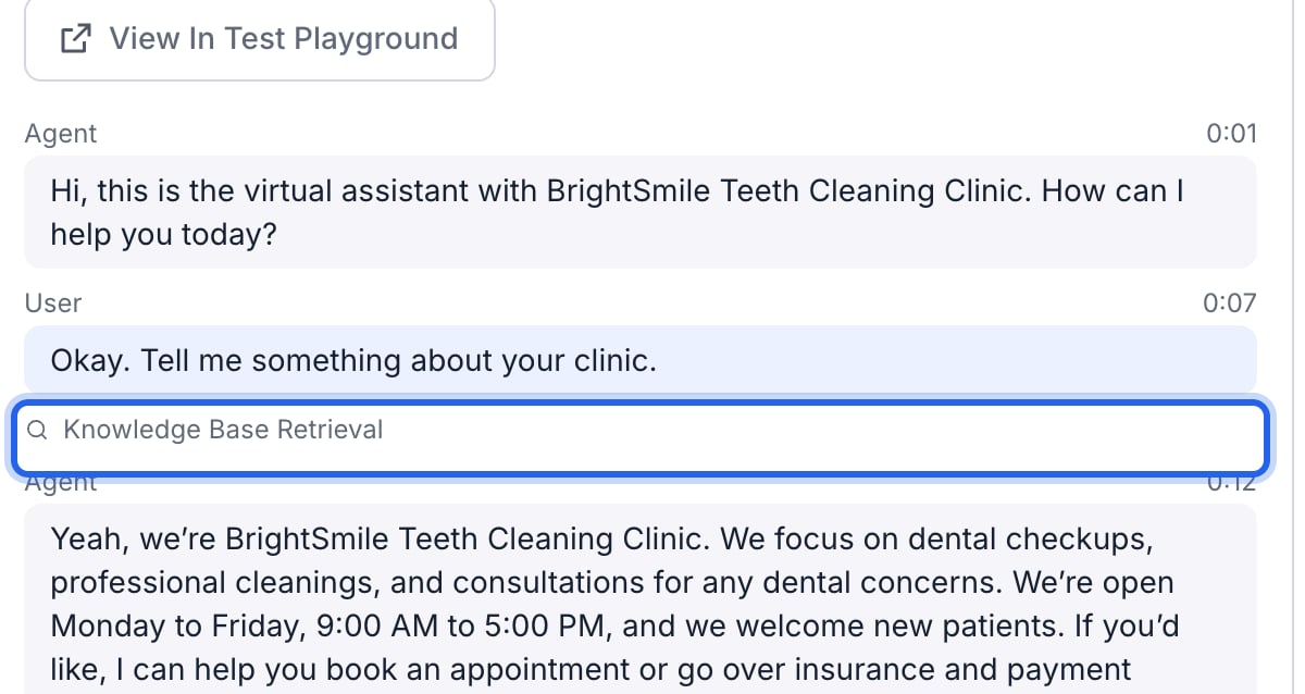 Call transcript with a Knowledge Base Retrieval link, outlined in blue, between a user message and the agent's response.