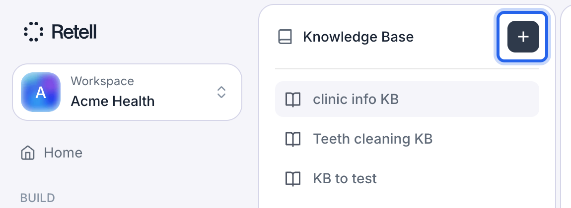 Knowledge Base page in the dashboard with the add (+) button outlined in blue at the top of the knowledge base list.