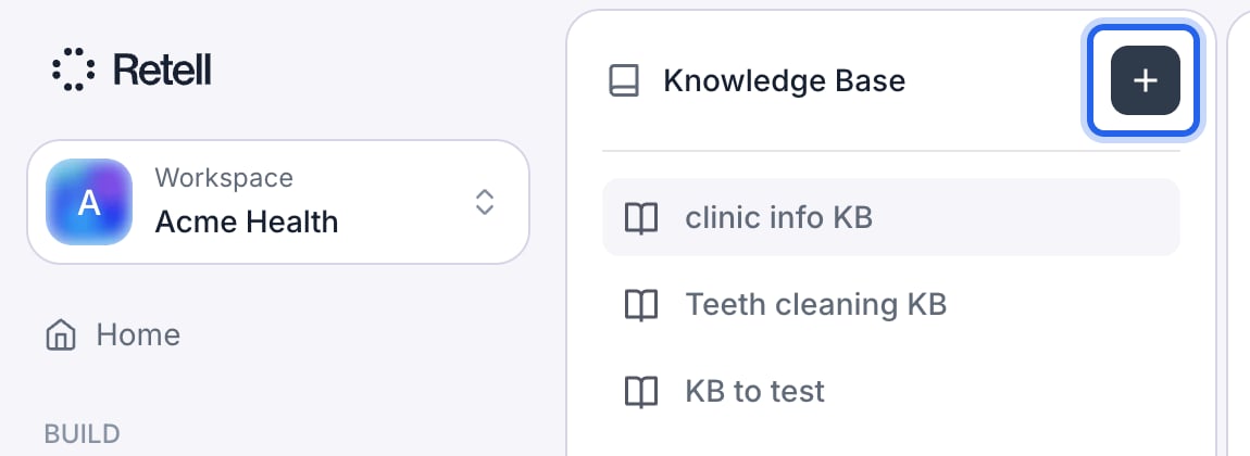 Knowledge Base page in the dashboard with the add (+) button outlined in blue at the top of the knowledge base list.